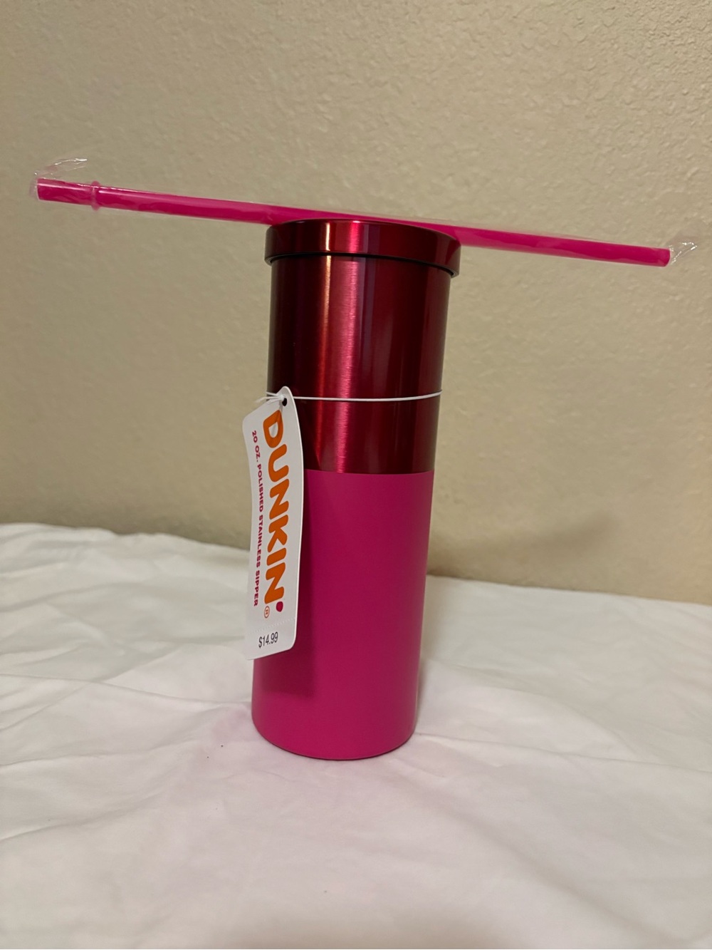 Dunkin' 20 oz Pink Metal Travel Tumbler Solid Logo w/Lid & Straw